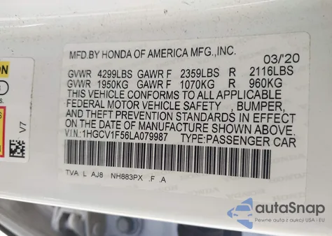 2020 Honda Accord Ex-L from USA, damaged, VIN 1HGCV1F56LA079987